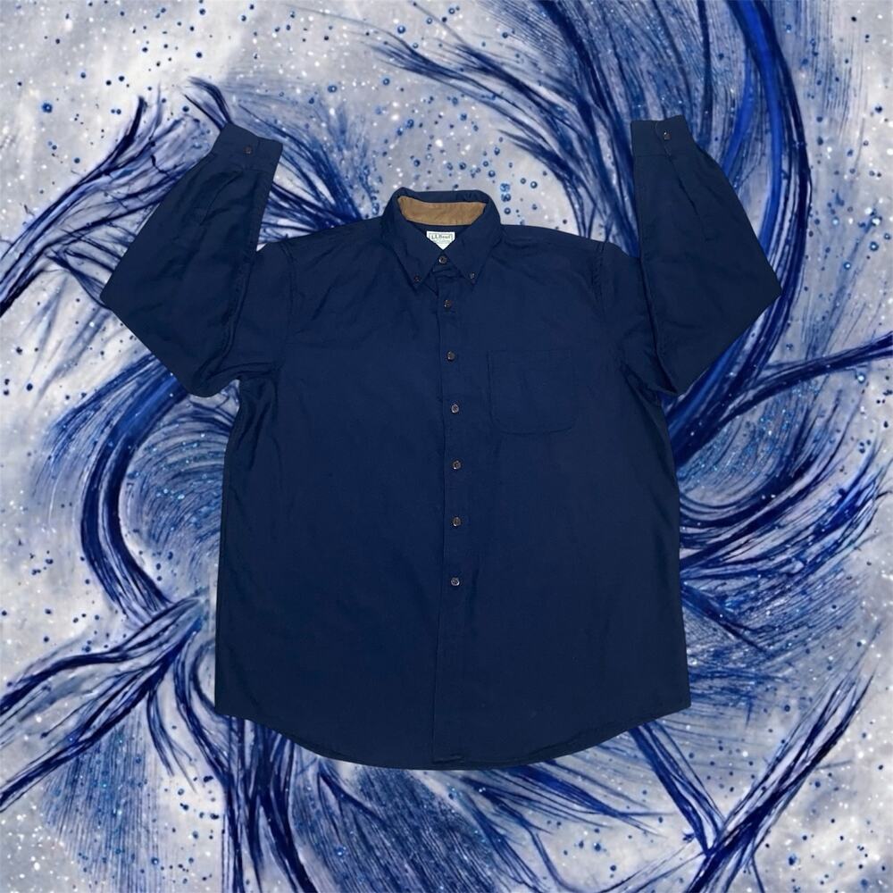 LL Bean Mens Large Reg 100% Wool Dark Navy Blue Button Down Shirt⁠